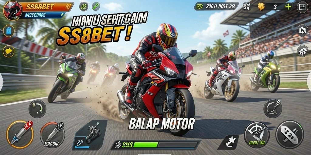 Antarmuka permainan SS88BET dengan tampilan balap motor yang menawan.